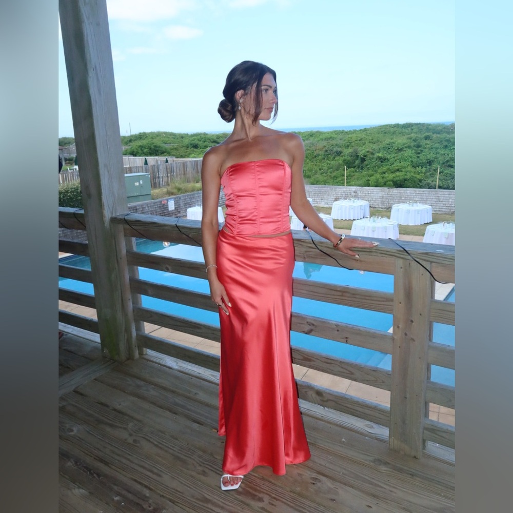 Peppermayo Satin Strapless Maxi Dress in Coral Red